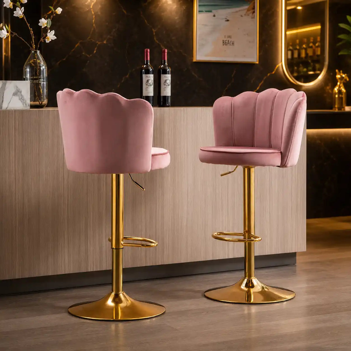 Pink Velvet Lounge Bar Stools with Glamorous Golden Frame