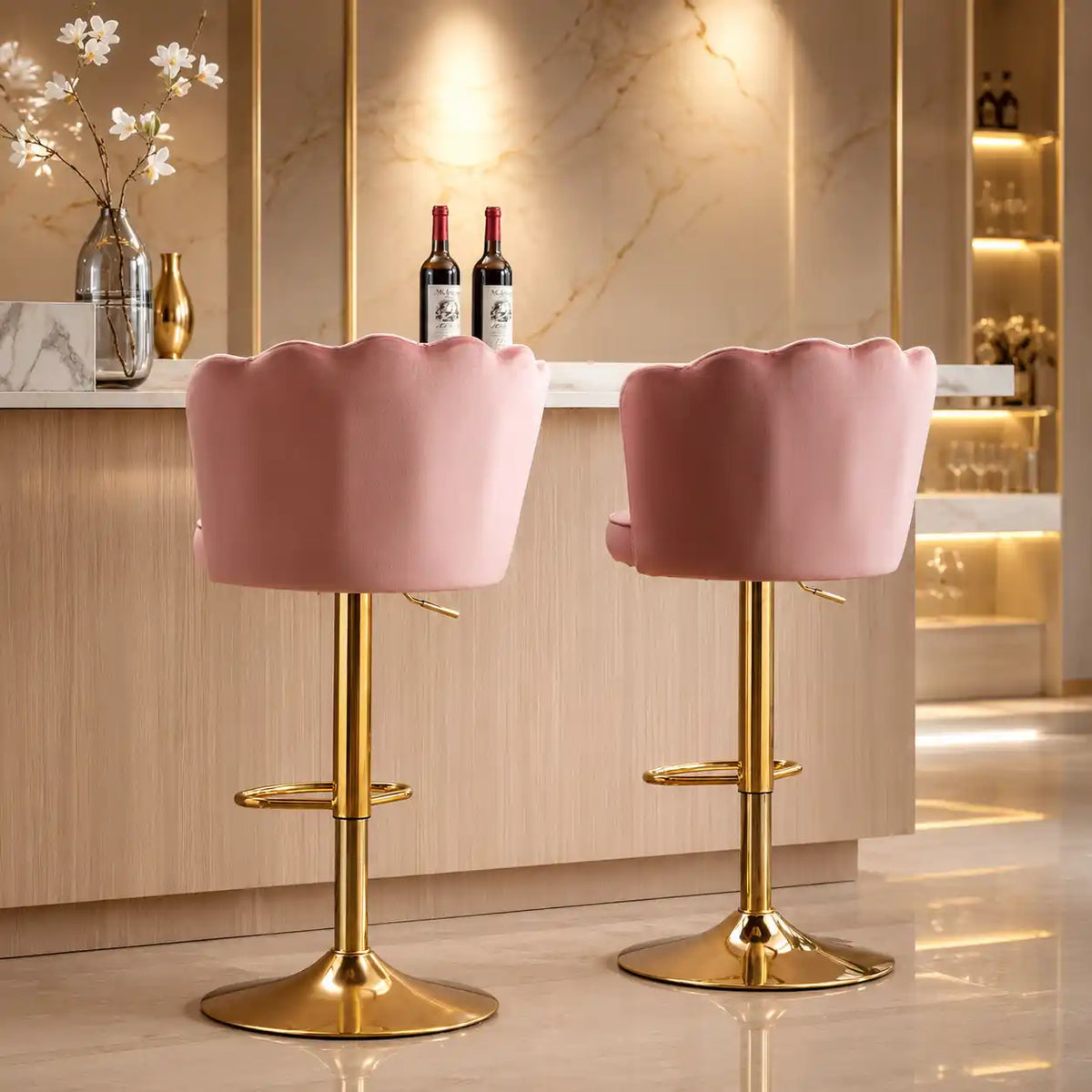 Pink Velvet Lounge Bar Stools with Glamorous Golden Frame