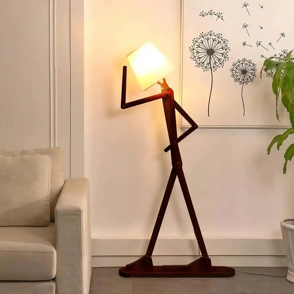 Playful Figurine Brown & White Wood Floor Lamp For Living Room, Bedroom