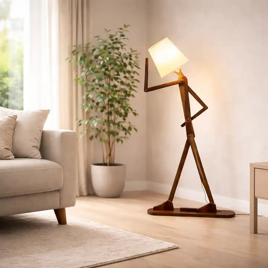 Playful Figurine Brown & White Wood Floor Lamp For Living Room, Bedroom