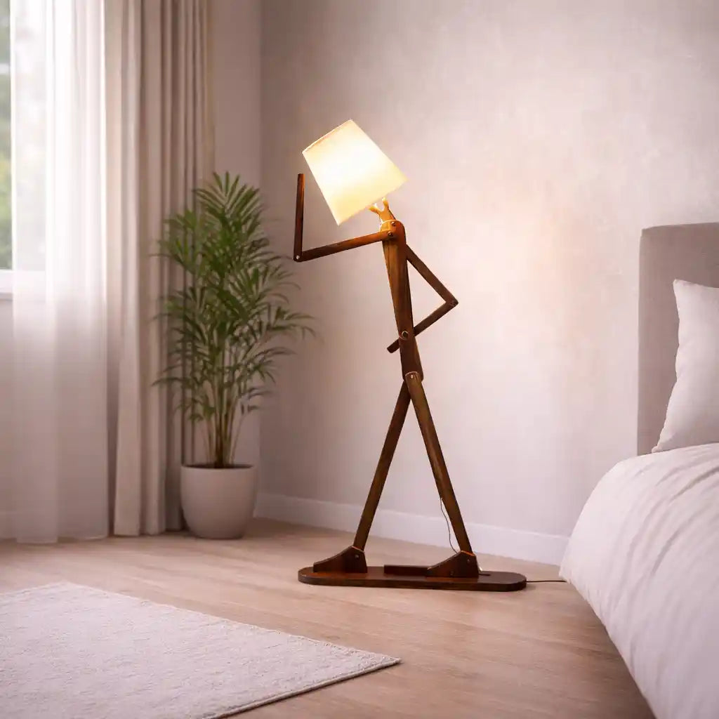 Playful Figurine Brown & White Wood Floor Lamp For Living Room, Bedroom