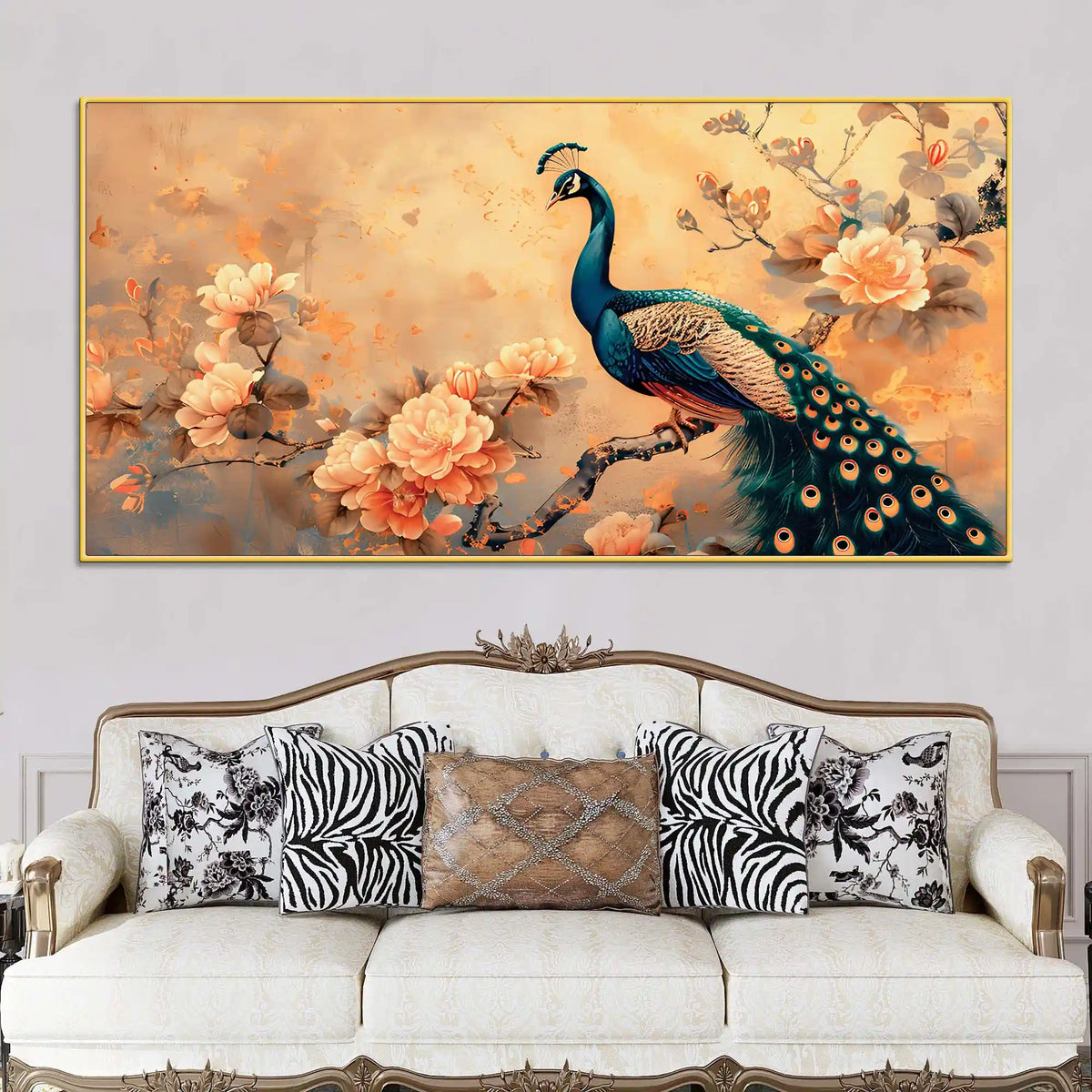 Pleasant Peacock Resting Among Soft Peach Flower Branch Canvas Wall Painting