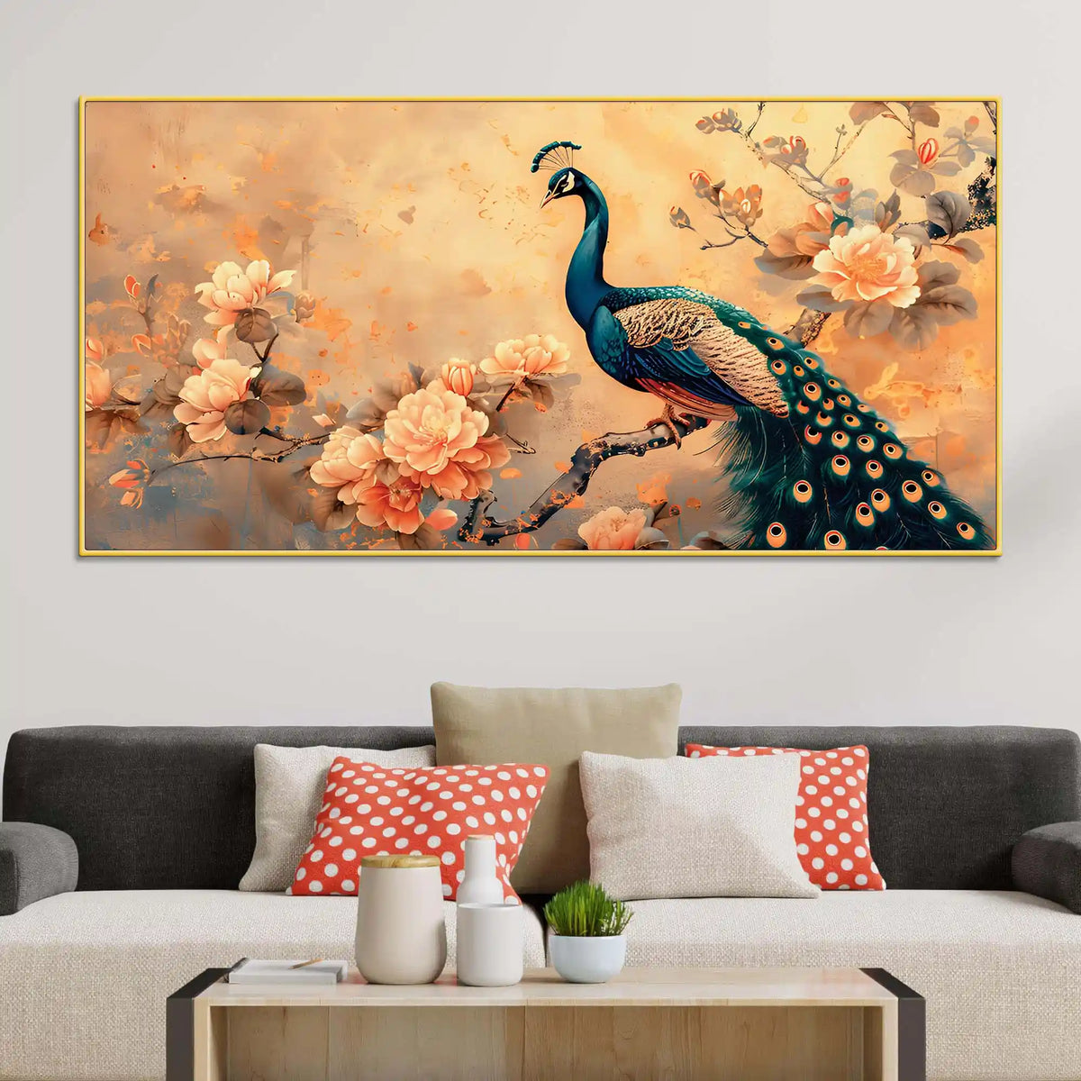 Pleasant Peacock Resting Among Soft Peach Flower Branch Canvas Wall Painting