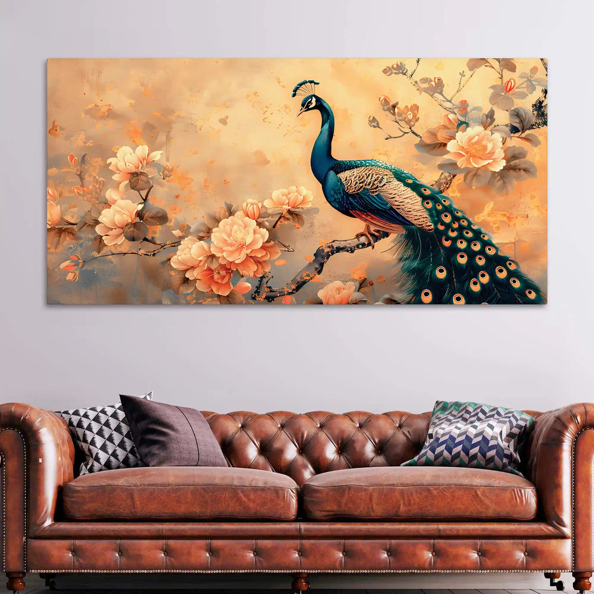 Pleasant Peacock Resting Among Soft Peach Flower Branch Canvas Wall Painting