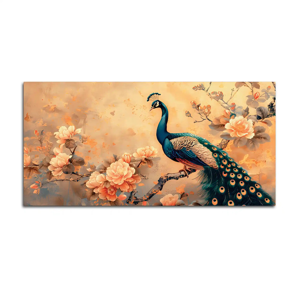Pleasant Peacock Resting Among Soft Peach Flower Branch Canvas Wall Painting