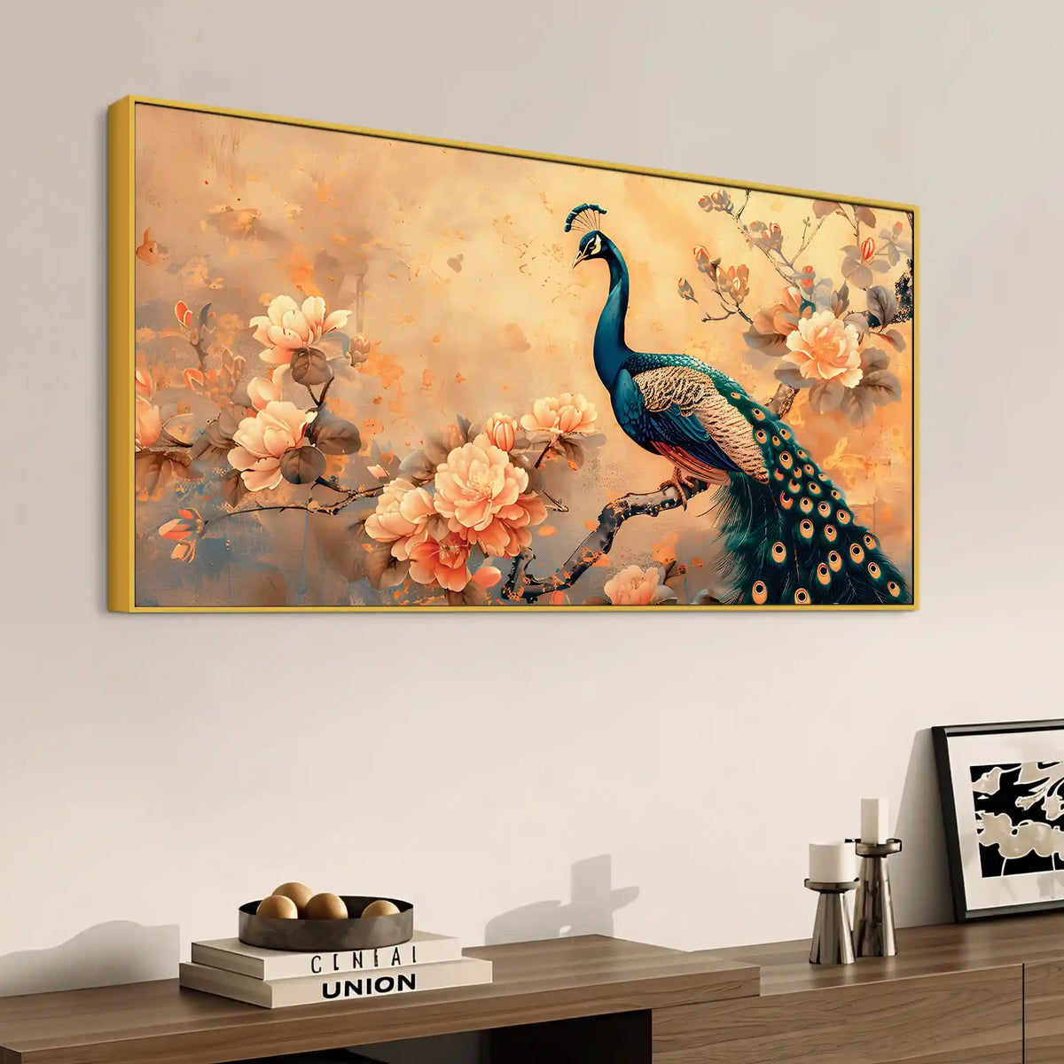 Pleasant Peacock Resting Among Soft Peach Flower Branch Canvas Wall Painting