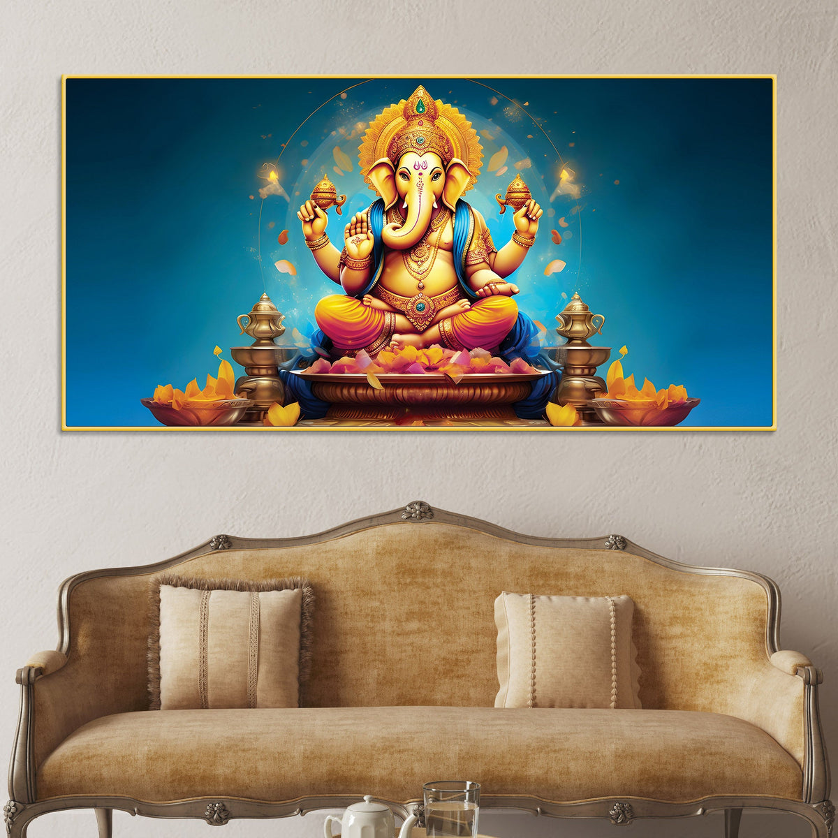 Pleasing Lord Ganpati Bappa Spiritual Canvas Wall Painting for Home & Temple – Premium Devotional Wall Art