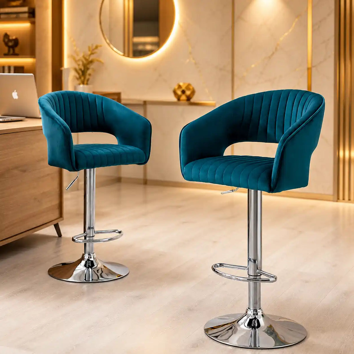 Plush Feel Blue Velvet Adjustable Bar Stool / Long Chair