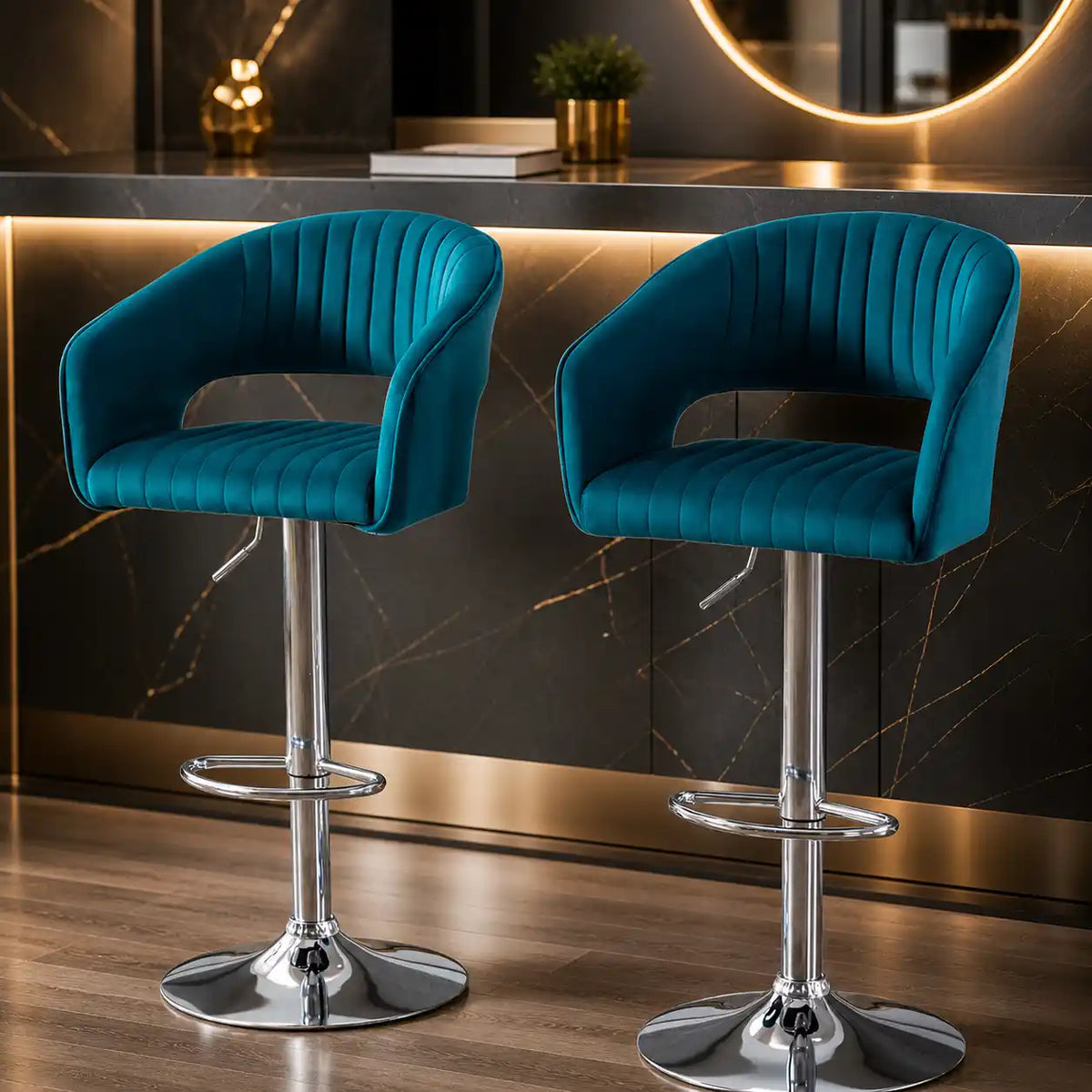 Plush Feel Blue Velvet Adjustable Bar Stool / Long Chair