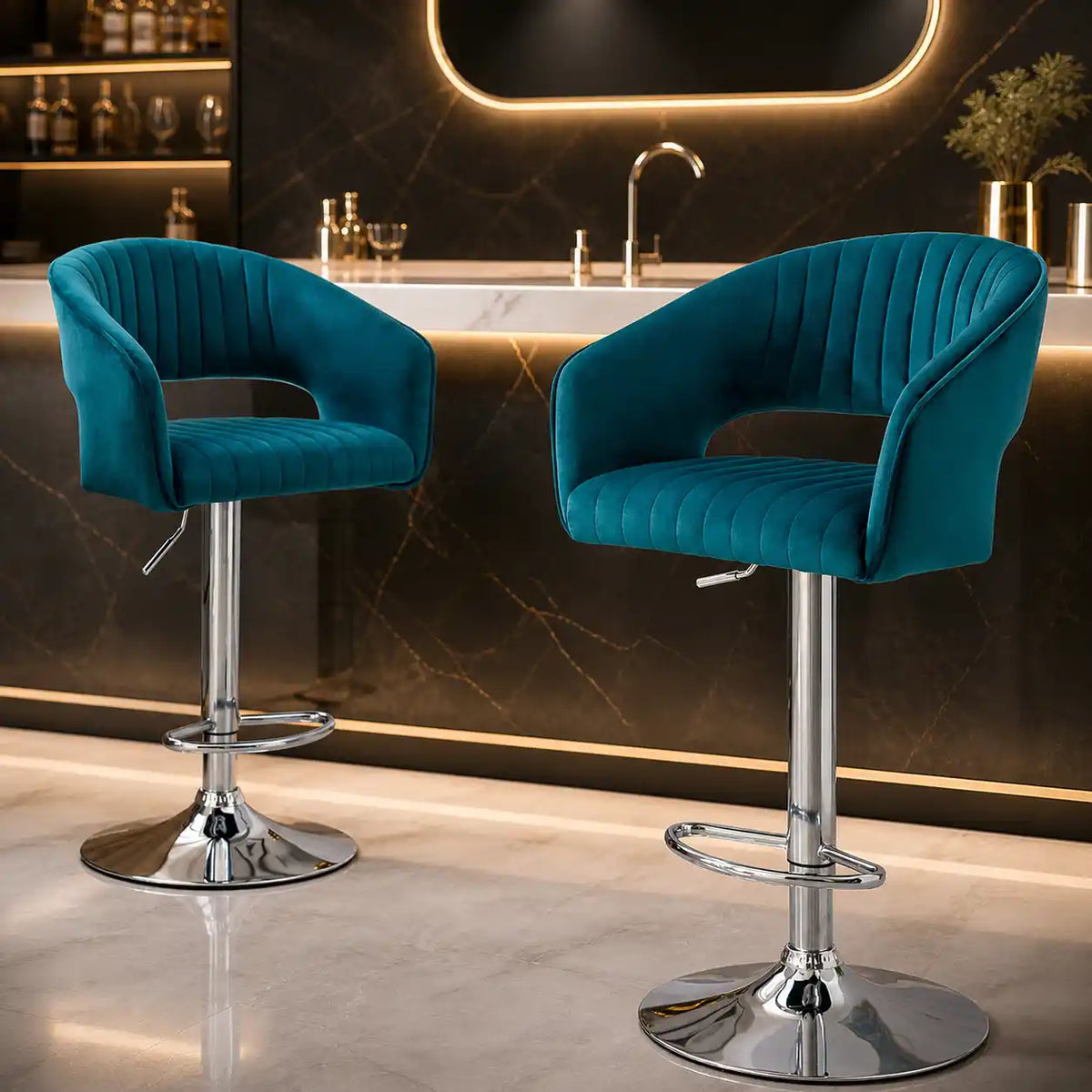 Plush Feel Blue Velvet Adjustable Bar Stool / Long Chair