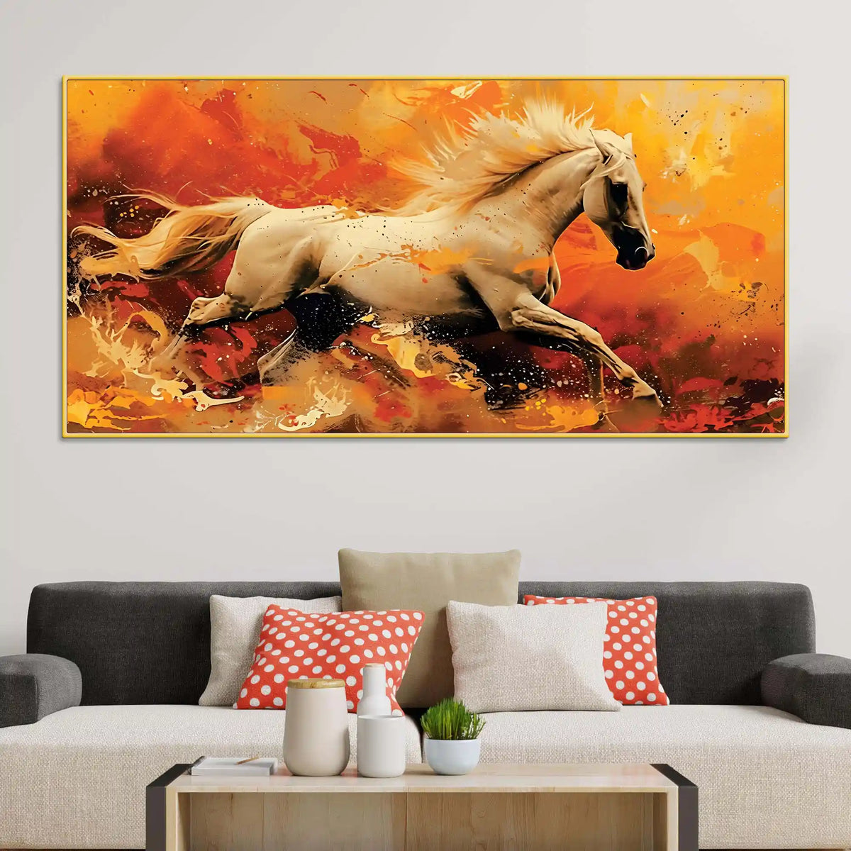 Powerful Running White Horse Canvas Wall Painting