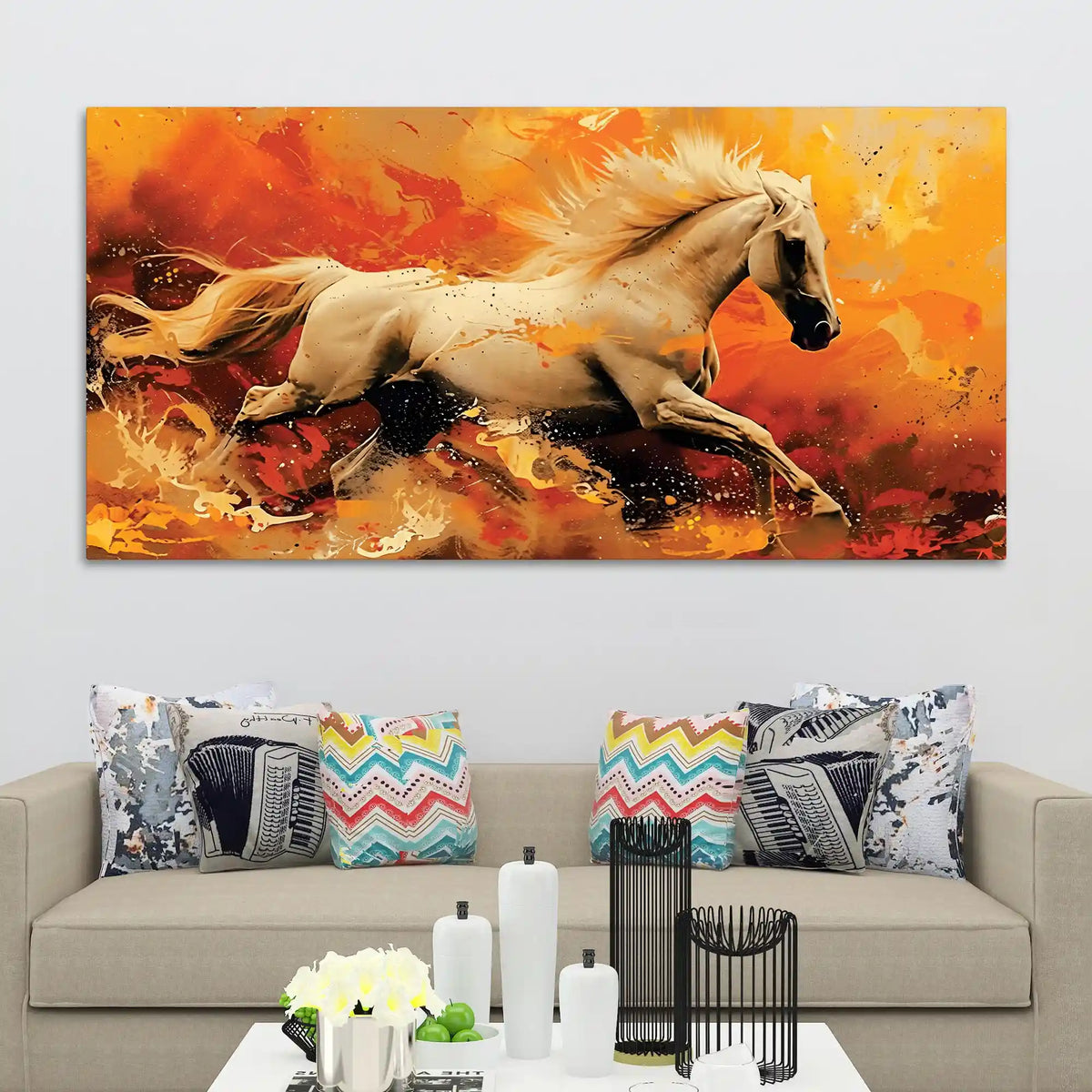 Powerful Running White Horse Canvas Wall Painting