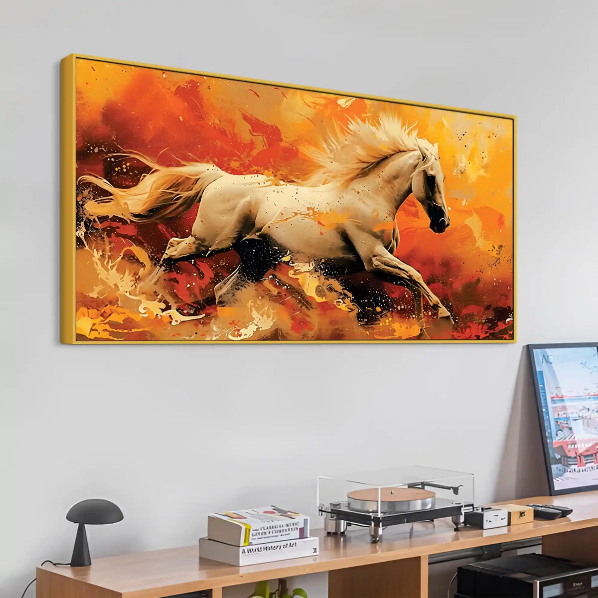 Powerful Running White Horse Canvas Wall Painting