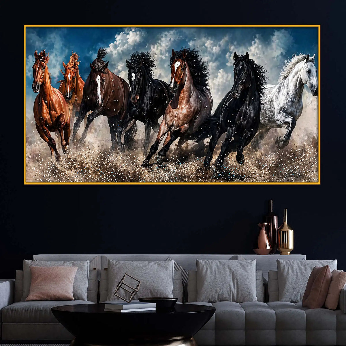 Powerful Seven Horses Crystal Floating Frame Wall Painting