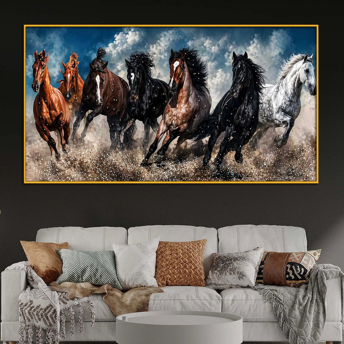 Powerful Seven Horses Crystal Floating Frame Wall Painting