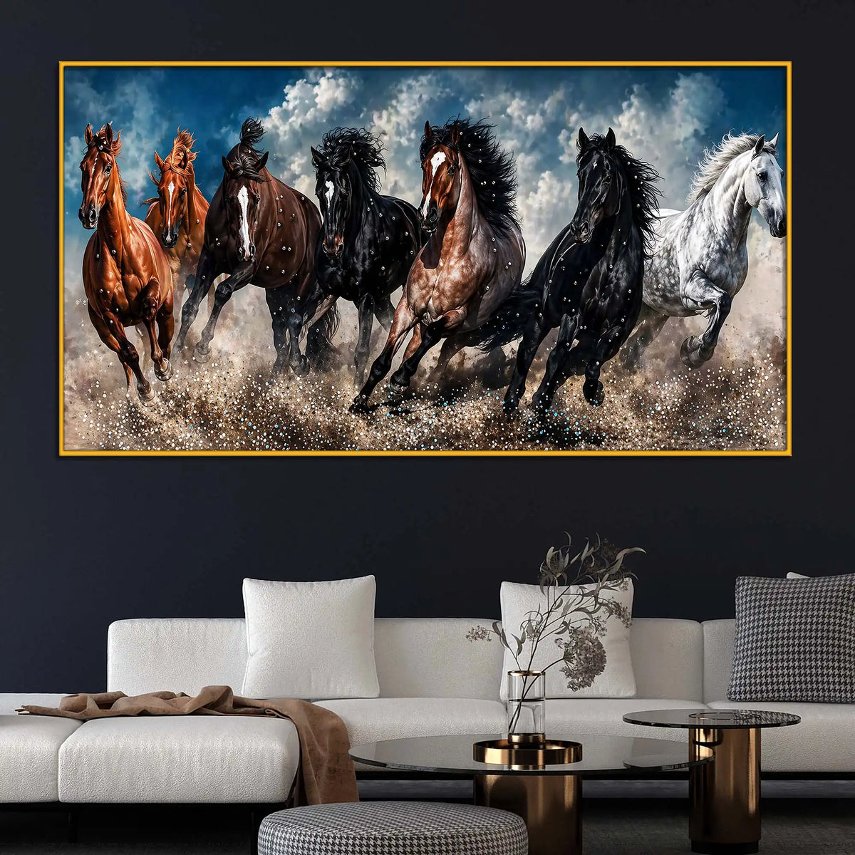 Powerful Seven Horses Crystal Floating Frame Wall Painting