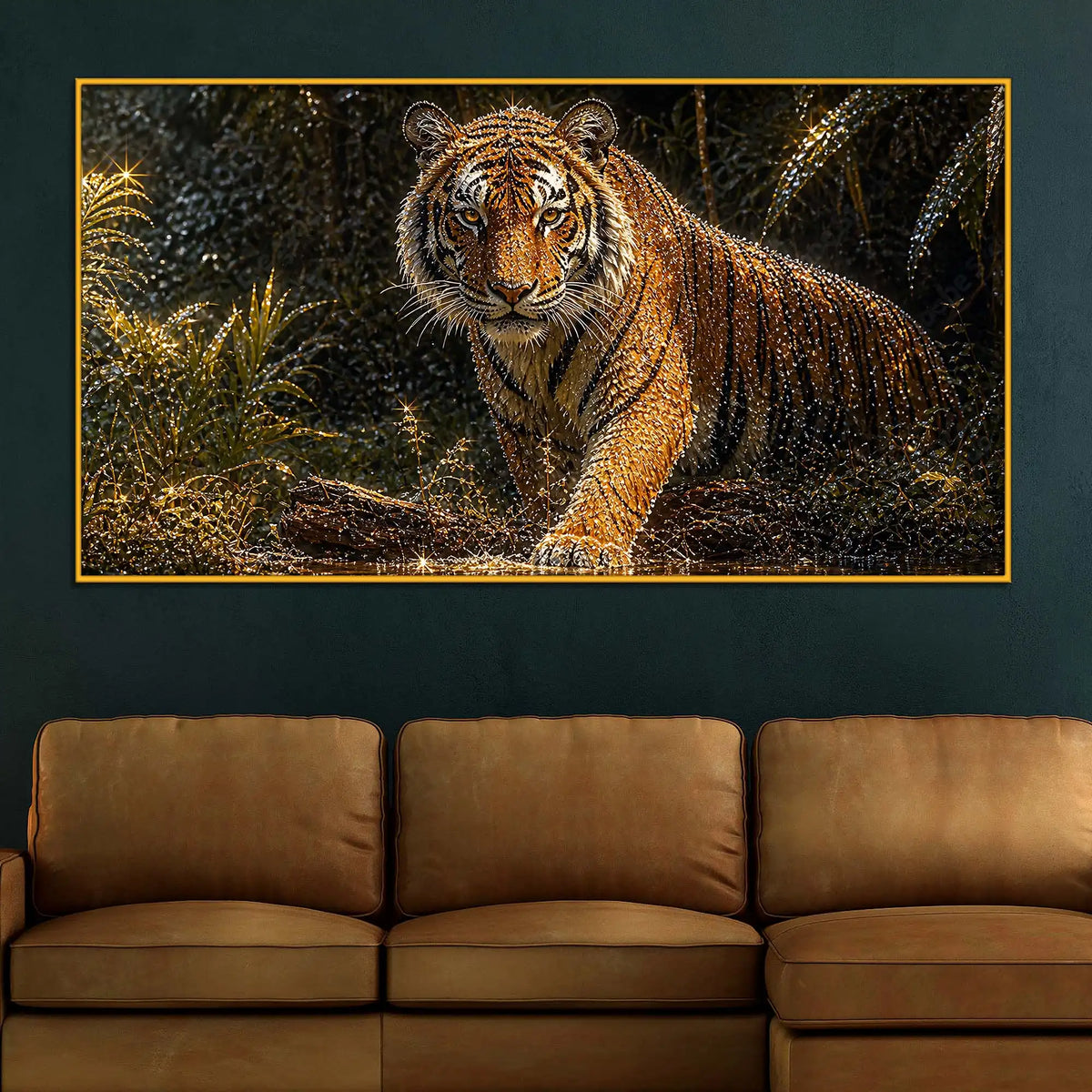 Powerful Tiger in Jungle Floating Frame Crystal Wall Painting