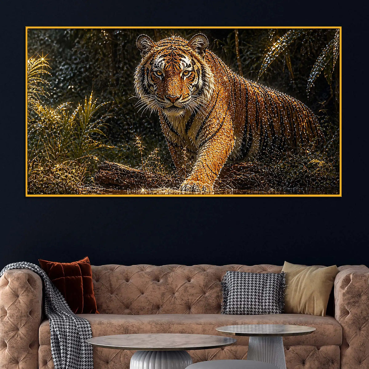 Powerful Tiger in Jungle Floating Frame Crystal Wall Painting