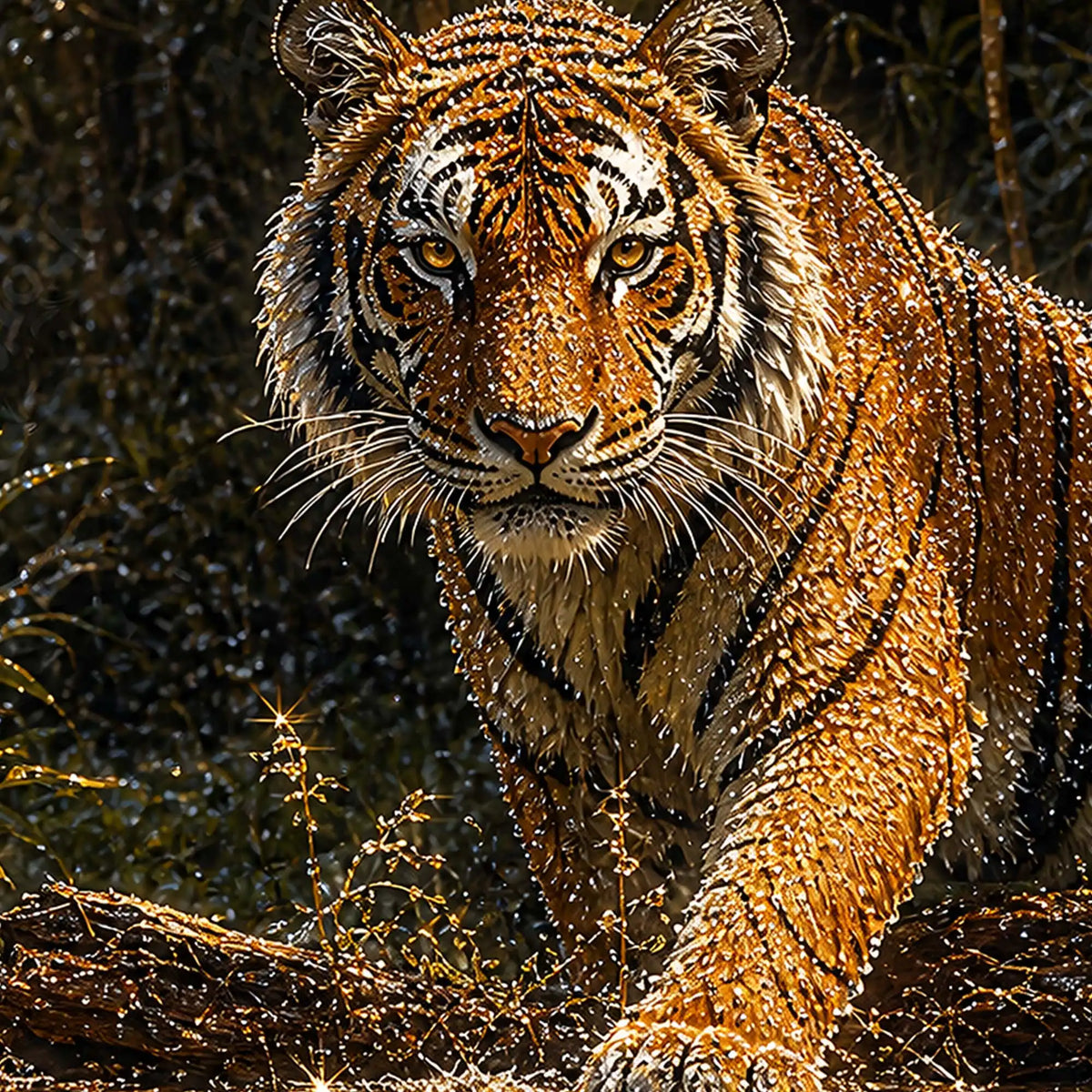 Powerful Tiger in Jungle Floating Frame Crystal Wall Painting