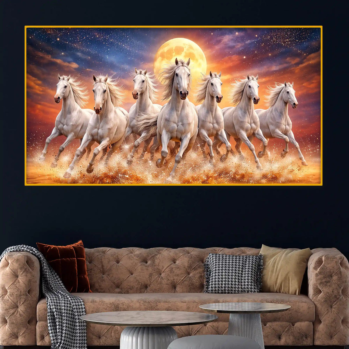 Powerful White Horses Sunset Scene Crystal Glass Wall Art Painting