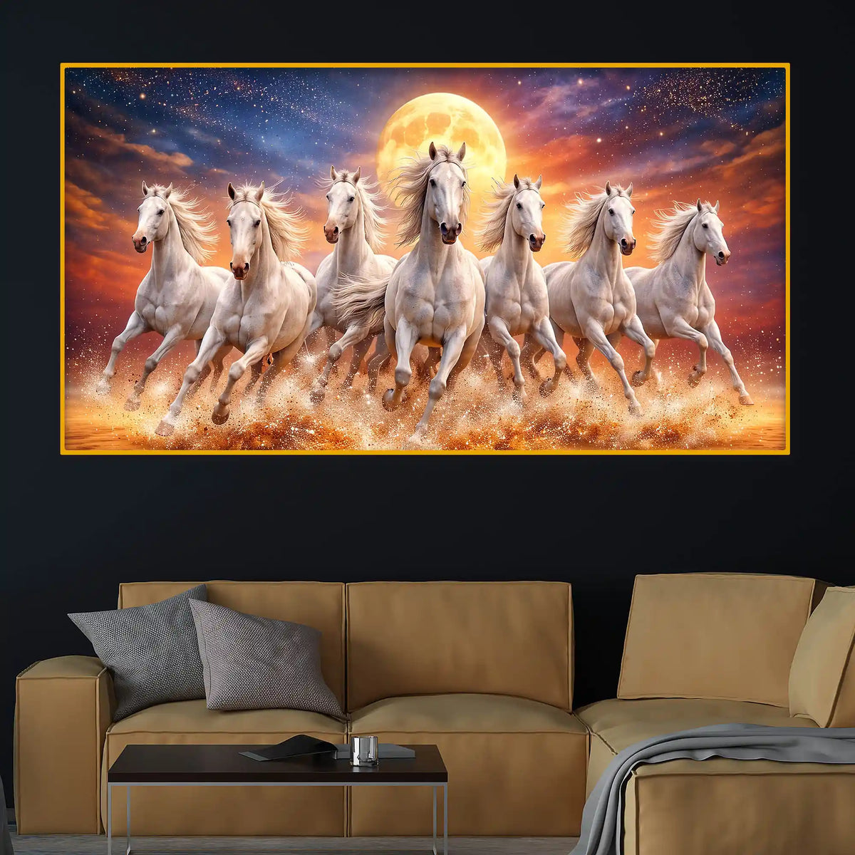 Powerful White Horses Sunset Scene Crystal Glass Wall Art Painting