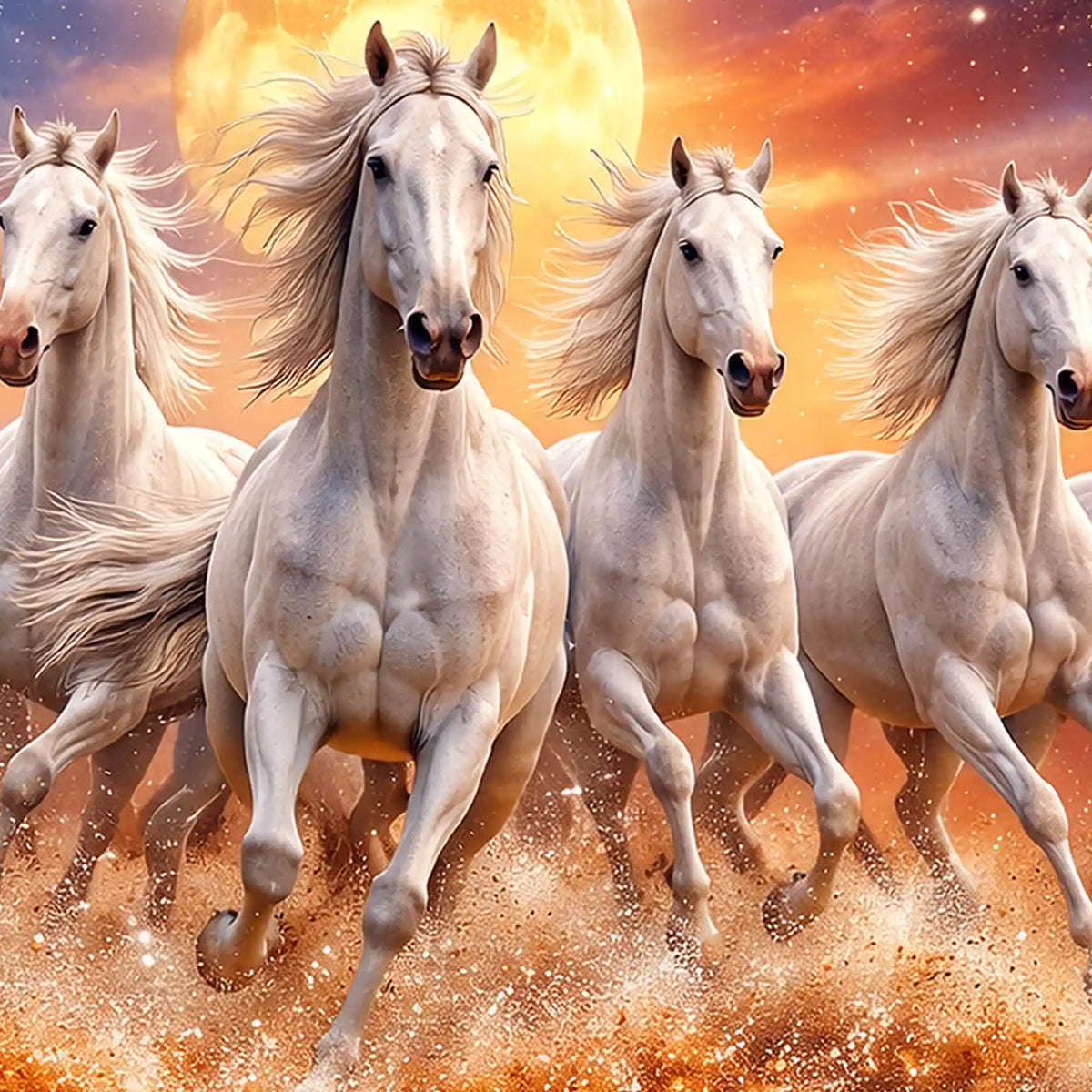 Powerful White Horses Sunset Scene Crystal Glass Wall Art Painting