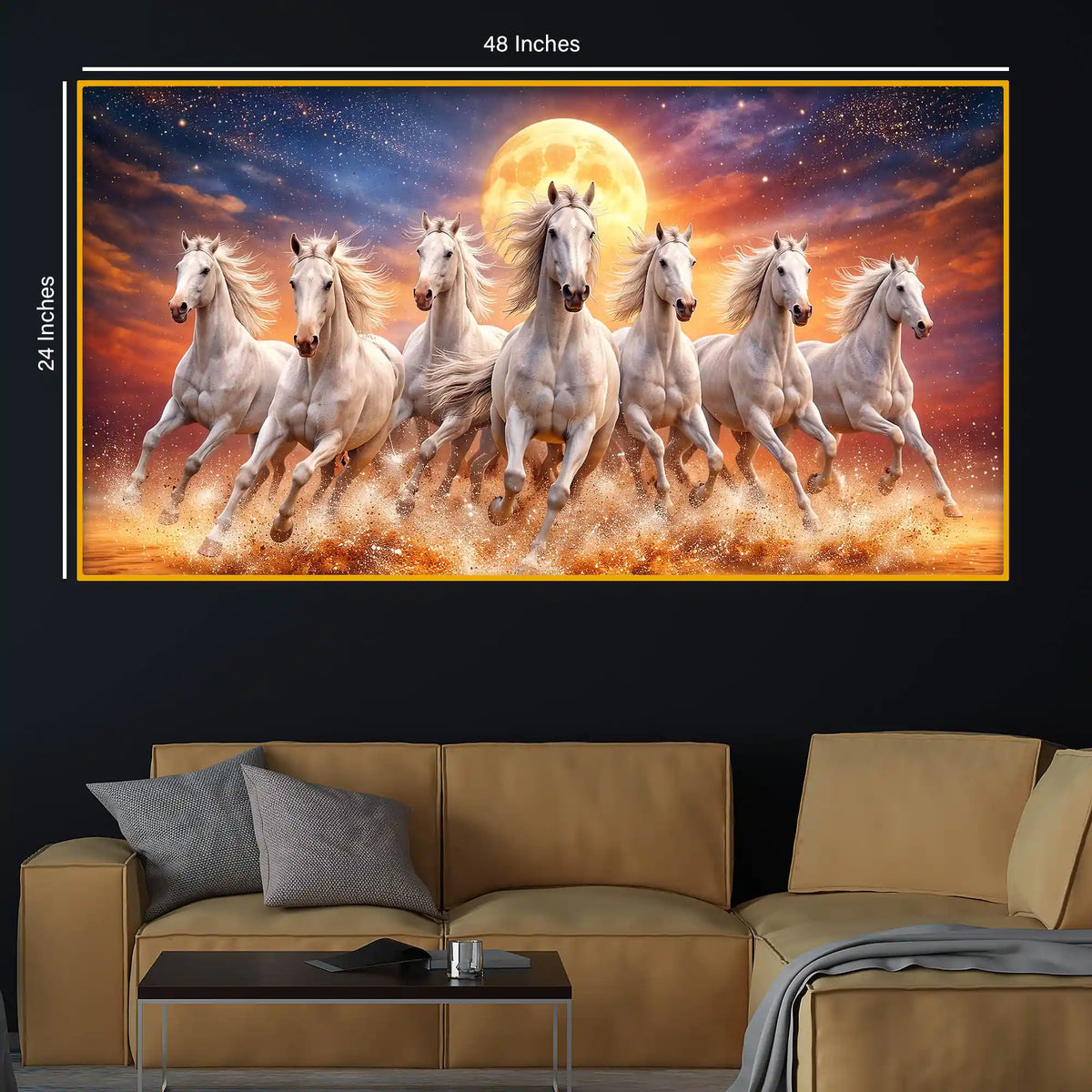Powerful White Horses Sunset Scene Crystal Glass Wall Art Painting