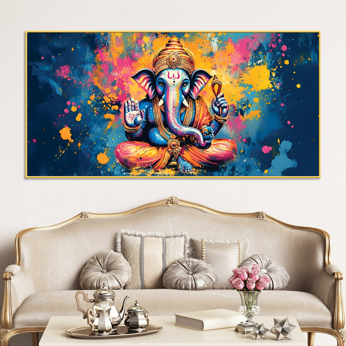Premium Abstract Lord Ganesha Colorful Canvas Wall Painting for Home & Office – Modern Religious Wall Decor