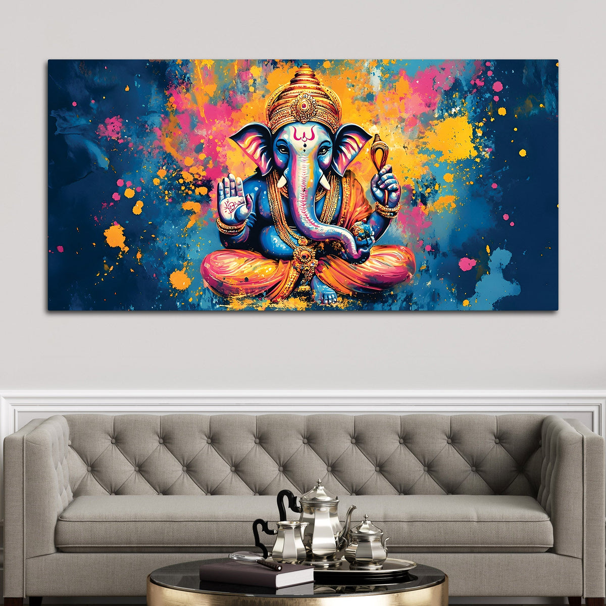 Premium Abstract Lord Ganesha Colorful Canvas Wall Painting for Home & Office – Modern Religious Wall Decor