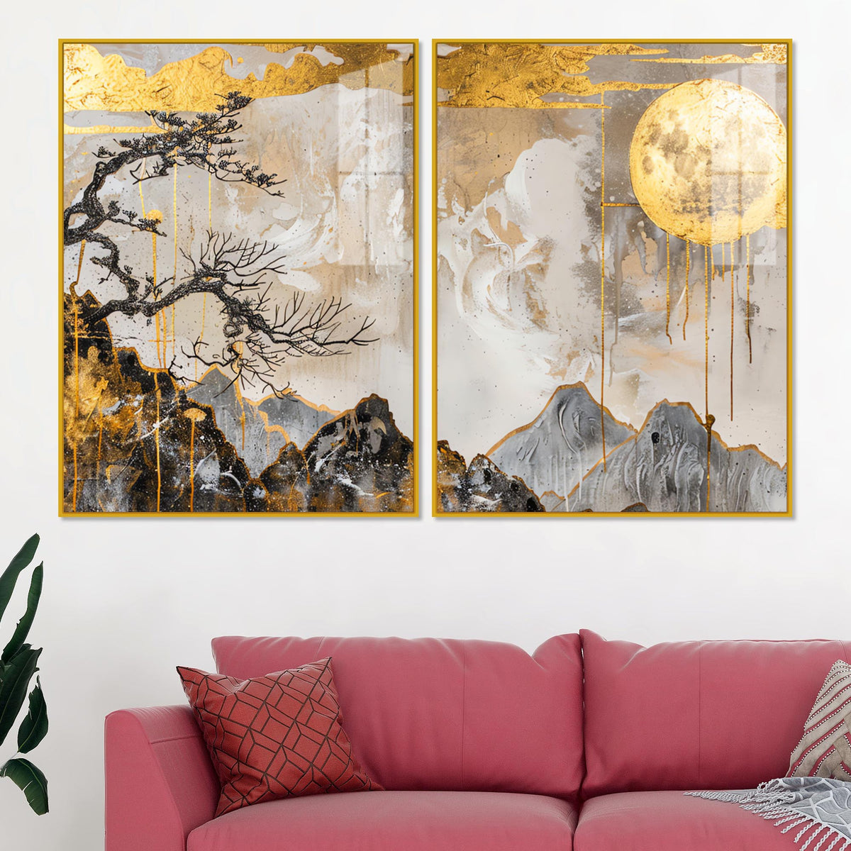 Premium Abstract Mountain Golden Moon Acrylic Floating Wall Painting Set of 2