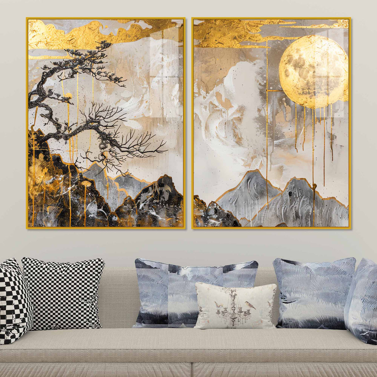 Premium Abstract Mountain Golden Moon Acrylic Floating Wall Painting Set of 2