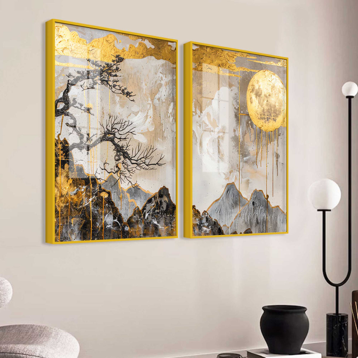 Premium Abstract Mountain Golden Moon Acrylic Floating Wall Painting Set of 2
