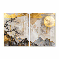 Premium Abstract Mountain Golden Moon Acrylic Floating Wall Painting Set of 2