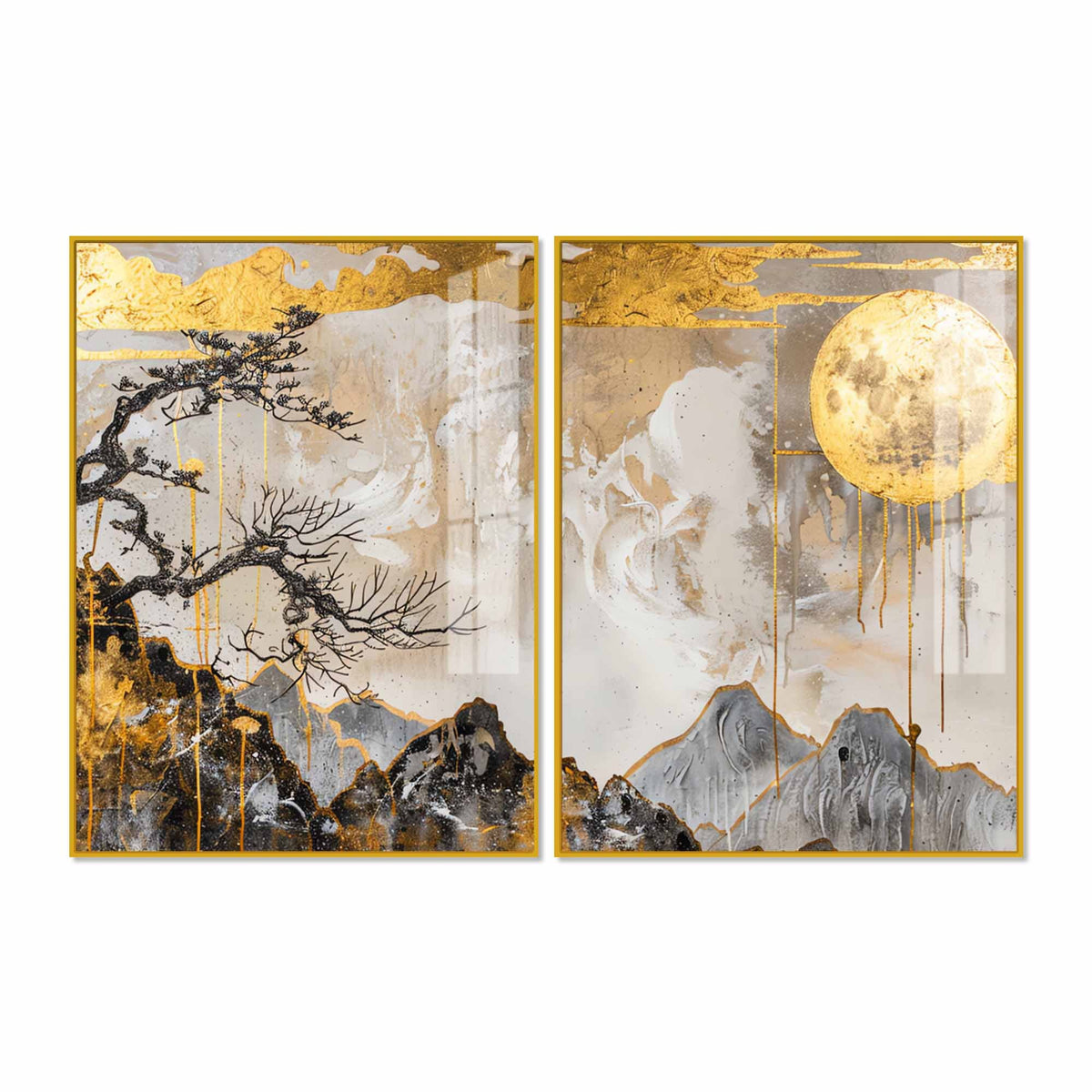 Premium Abstract Mountain Golden Moon Acrylic Floating Wall Painting Set of 2