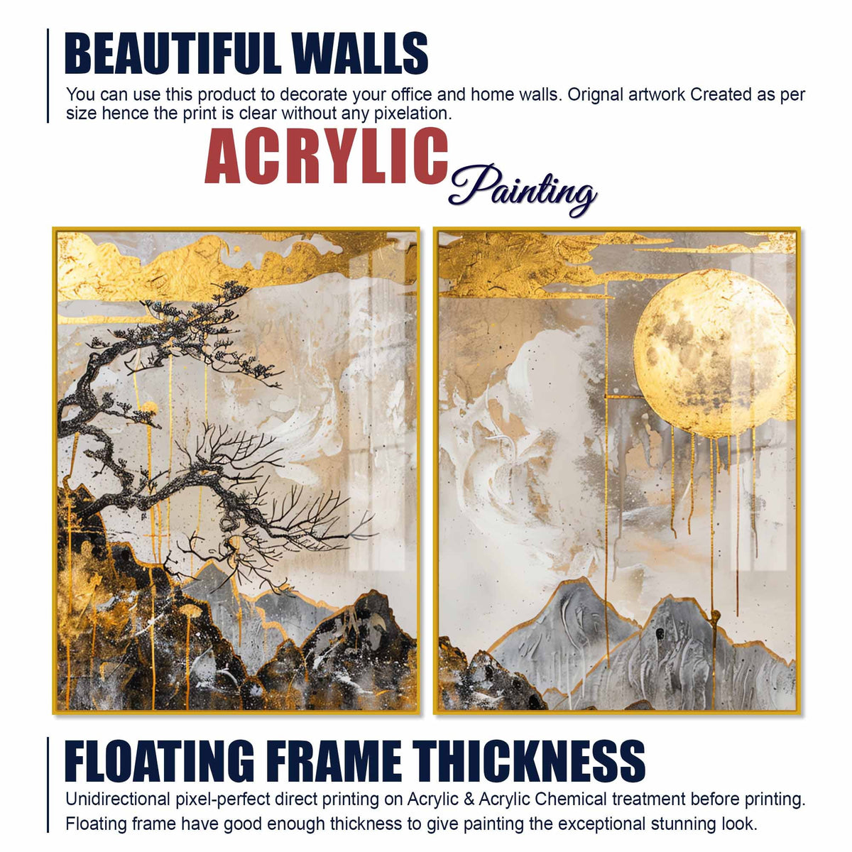 Premium Abstract Mountain Golden Moon Acrylic Floating Wall Painting Set of 2