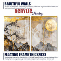 Premium Abstract Mountain Golden Moon Acrylic Floating Wall Painting Set of 2