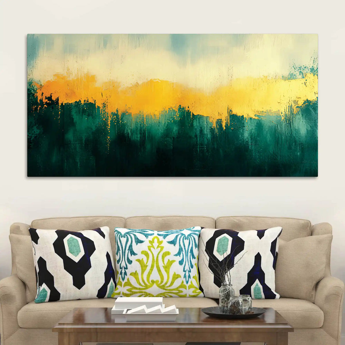 Premium Abstract Teal Green Golden Canvas Wall Painting for Home & Office