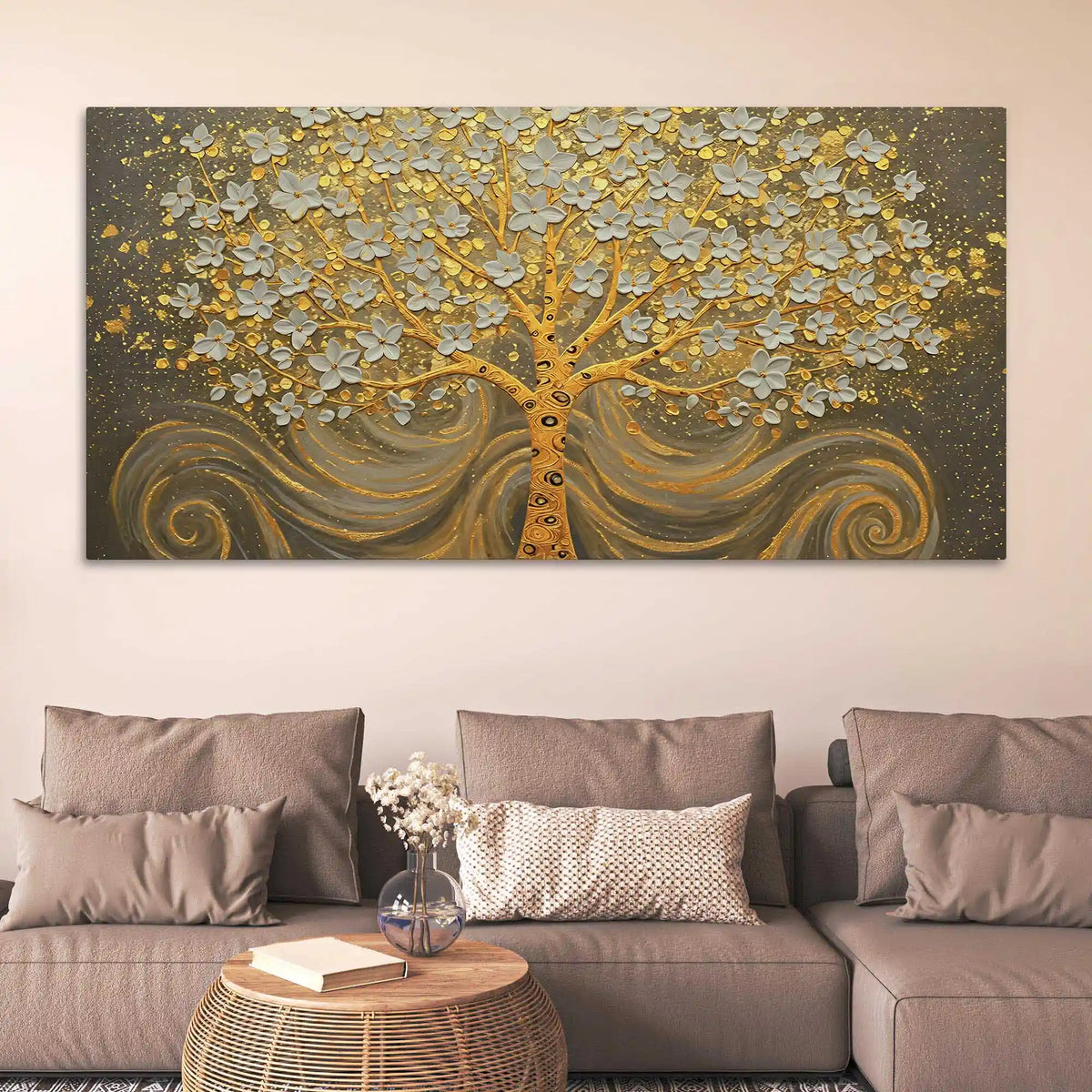 Premium Artistic Golden Blossom Tree Abstract Canvas Wall Painting
