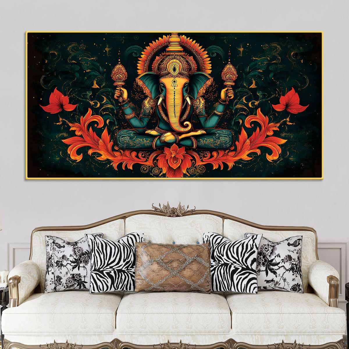 Premium Artistic Lord Ganesha Floral Exclusive Art Canvas Wall Painting for Home & Office Spaces – Modern Religious Wall Art