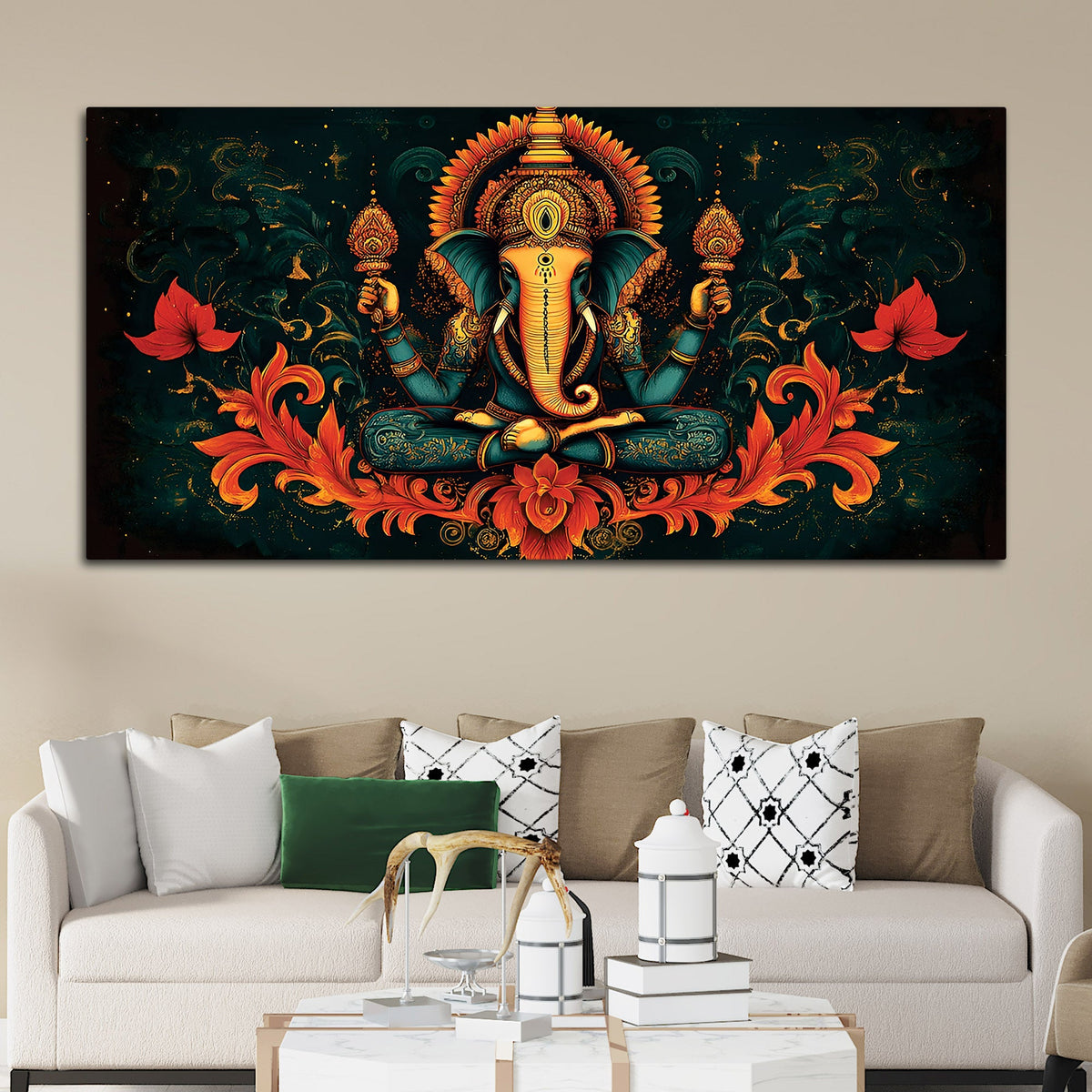 Premium Artistic Lord Ganesha Floral Exclusive Art Canvas Wall Painting for Home & Office Spaces – Modern Religious Wall Art