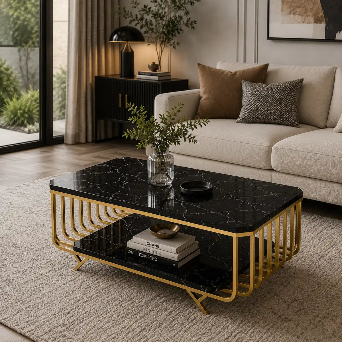Premium Black Marble Top Center Table With Storage