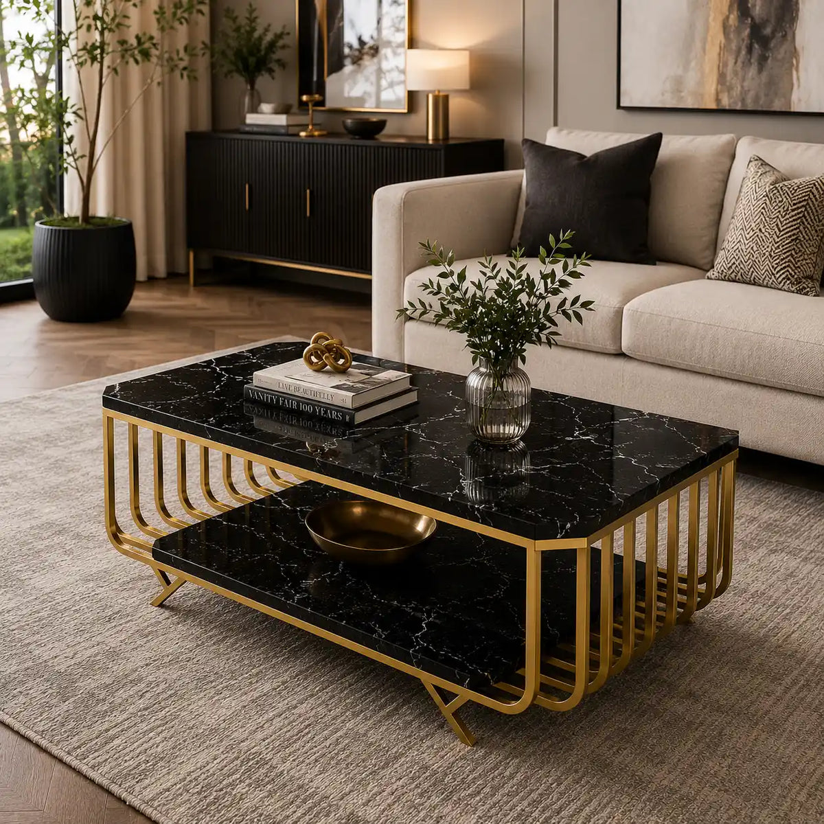 Premium Black Marble Top Center Table With Storage