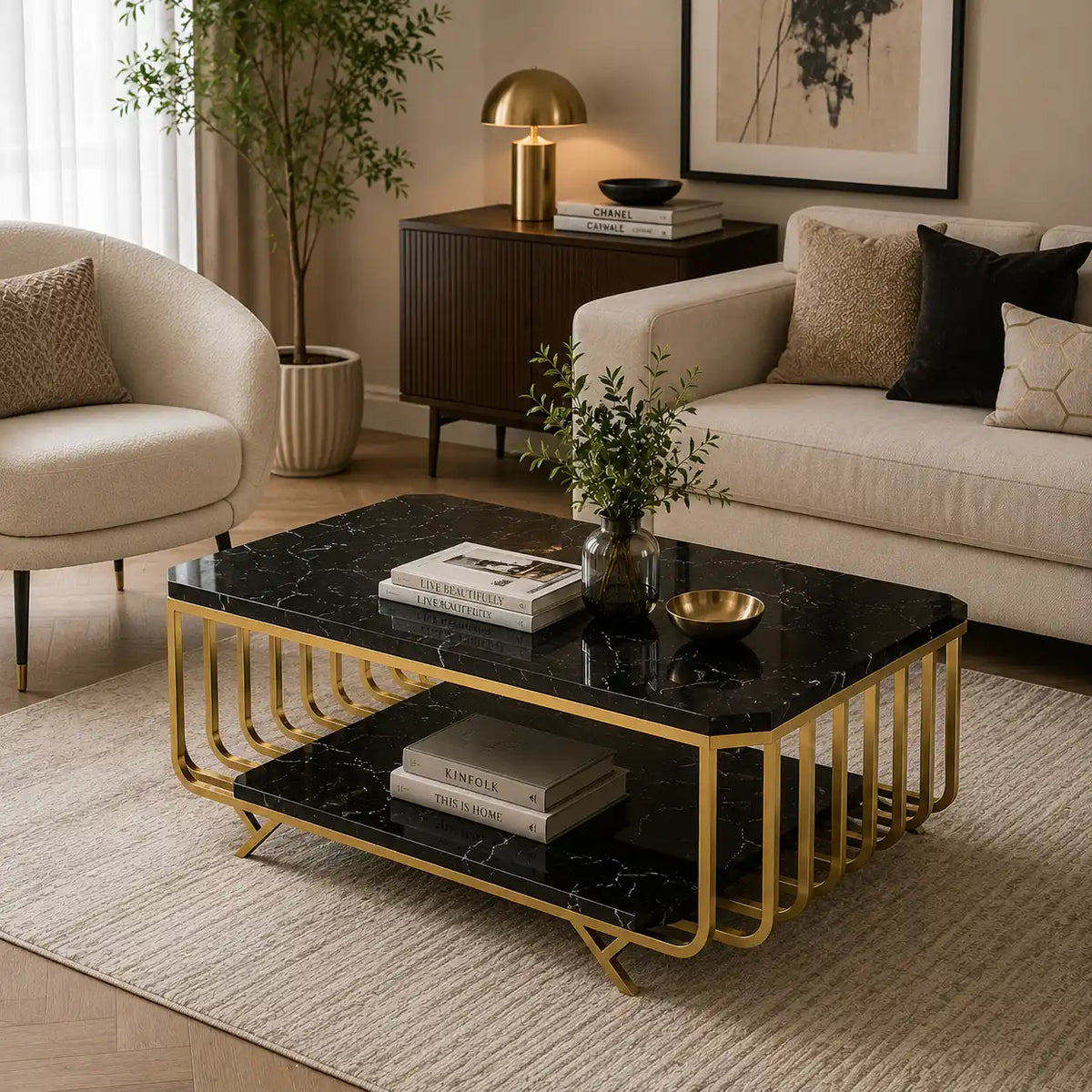 Premium Black Marble Top Center Table With Storage