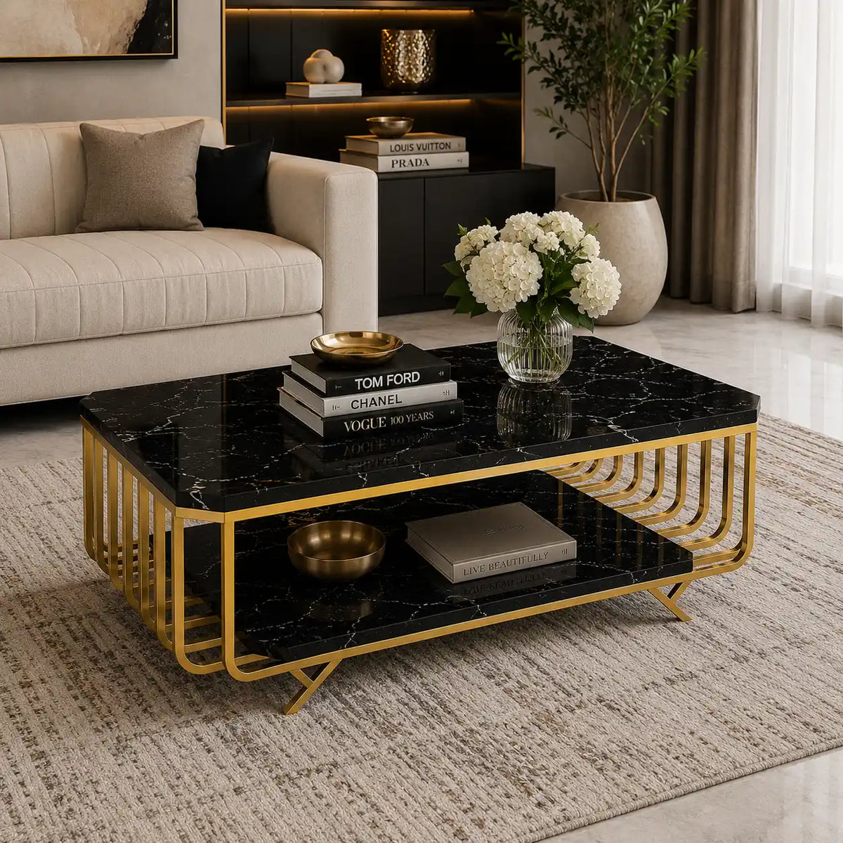 Premium Black Marble Top Center Table With Storage