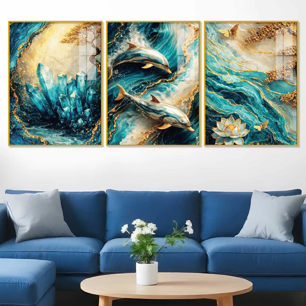 Premium Blue Ocean Nature Acrylic Wall Painting Set of 3