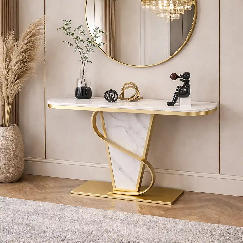 Premium Bold Marble Console Table with Artistic Twisting Gold Frame