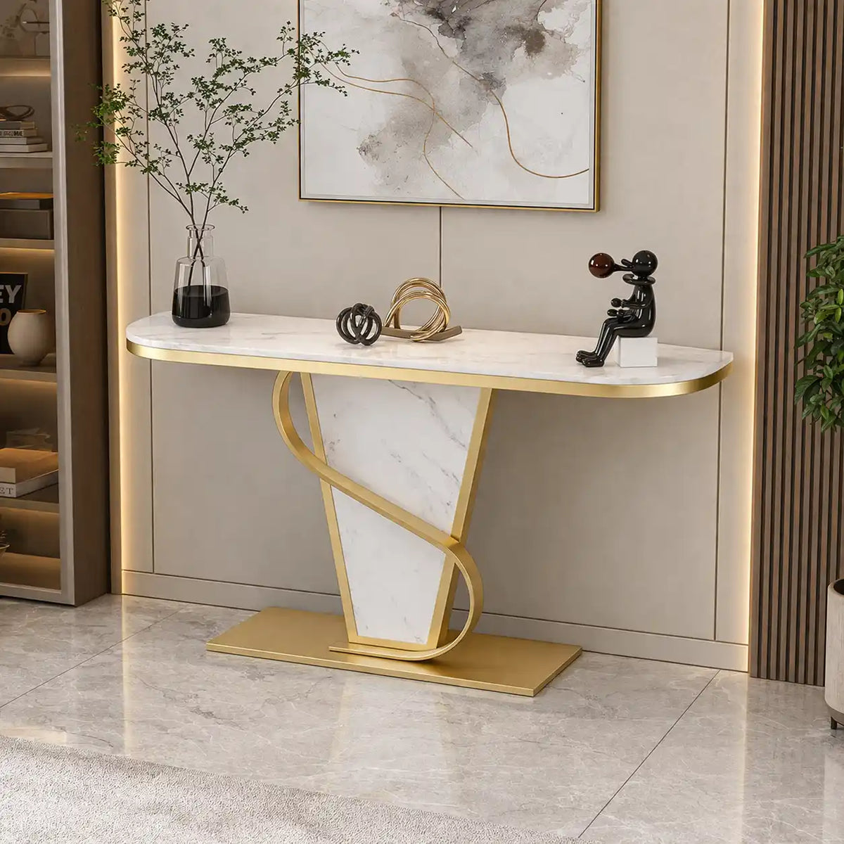 Premium Bold Marble Console Table with Artistic Twisting Gold Frame