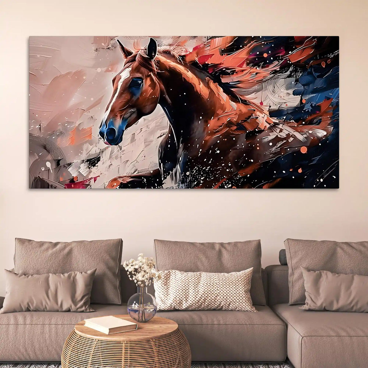 Premium Brown Horse Canvas Wall Art Abstract Painting for Bedroom