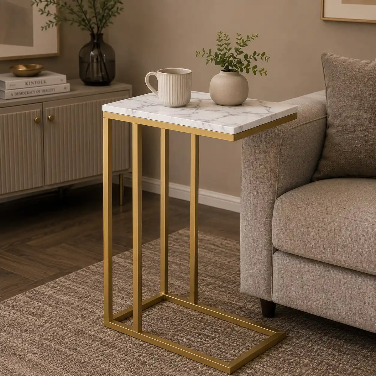 Premium C-Shaped White Marble Designer Side Table