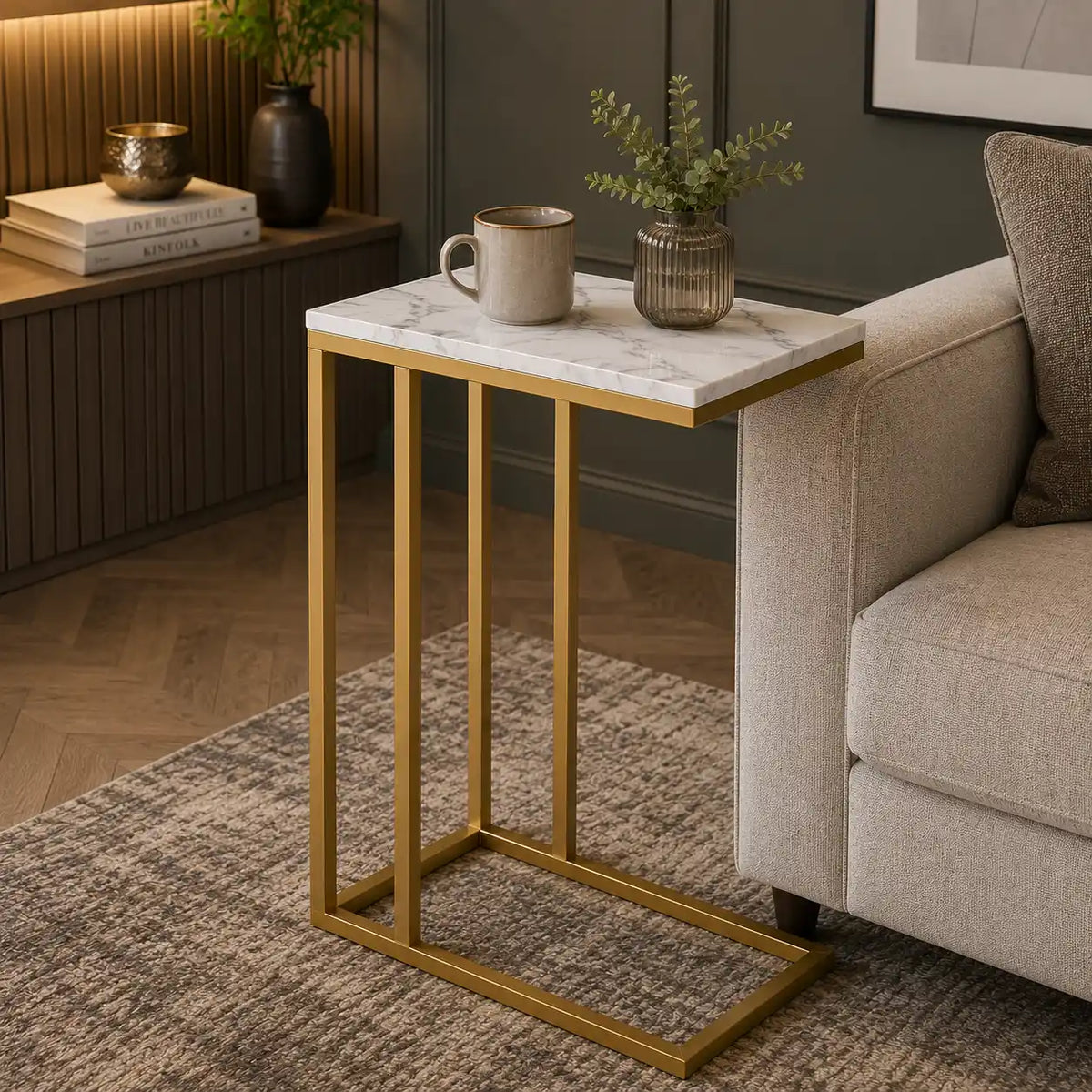 Premium C-Shaped White Marble Designer Side Table